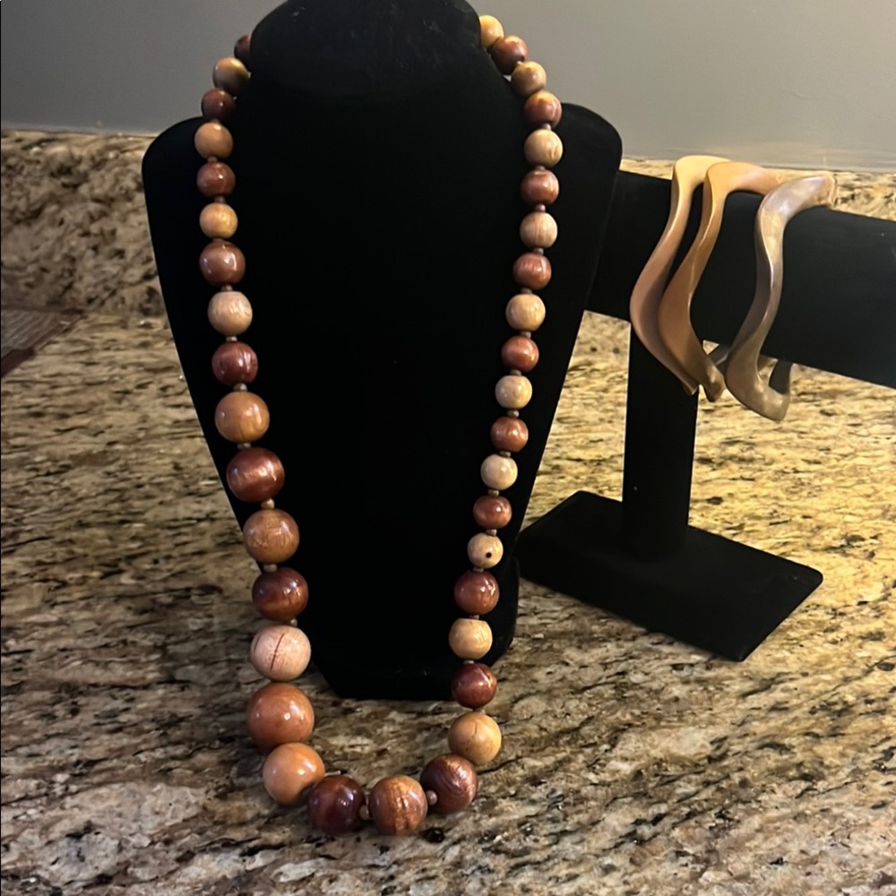 Wooden multi-Brown Beaded Necklace w/ 3 set of wooden bracelets. Set